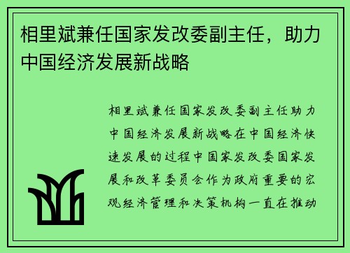 相里斌兼任国家发改委副主任，助力中国经济发展新战略