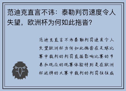 范迪克直言不讳：泰勒判罚速度令人失望，欧洲杯为何如此拖沓？