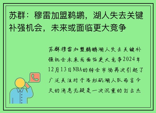 苏群：穆雷加盟鹈鹕，湖人失去关键补强机会，未来或面临更大竞争